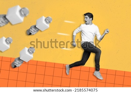 Photo cartoon comics sketch picture of hurrying guy running away from journalists crowd isolated orange drawing background