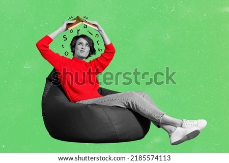 Magazine collage of upset high school lady read dictionary library search info science report isolated green color background Royalty-Free Stock Photo #2185574113