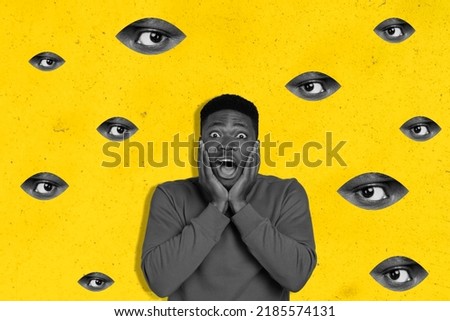 Poster collage of frightened guy eyes focus on him public society attention concept isolated yellow color background