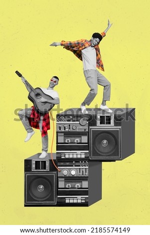 Vertical collage illustration of two excited overjoyed small guys black white colors dance huge boom box play guitar