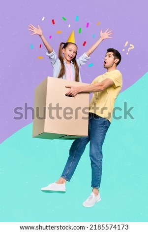 Vertical composite collage image of impressed guy hold carton box little excited girl congratulating isolated on divided colors background