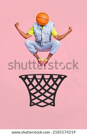 Photo cartoon comics sketch picture of winner guy basket ball instead of head jumping net isolated pink drawing background
