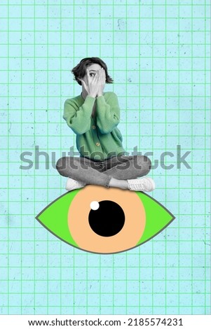 Vertical collage illustration of small girl black white effect sitting huge eye arms cover peeking watch isolated on drawing checkered background