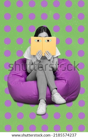 Vertical composite collage picture of sitting girl black white colors hands hold book painted eyes watch isolated on dotted background