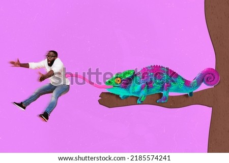 Creative collage image of chameleon sit tree branch tongue catch eat shocked guy isolated on painted background