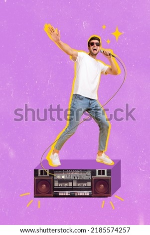 Vertical collage picture of excited positive guy stand boombox hold microphone sing performing isolated on drawing violet background
