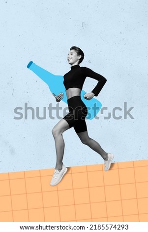 Vertical composite collage image of running girl black white gamma hold huge drawing bottle isolated on painted background