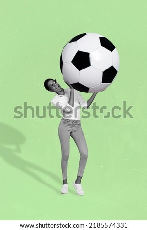 Photo cartoon comics sketch picture of mini lady guy holding huge football ball isolated green drawing background