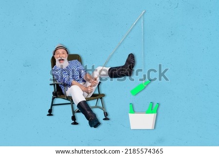 Creative collage picture of excited positive grandfather sit chair hold fishing rod catching bear bottle isolated on blue background