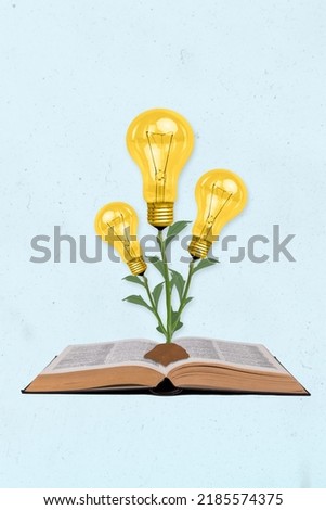 Vertical collage picture of open book growing light bulb plant isolated on creative drawing background