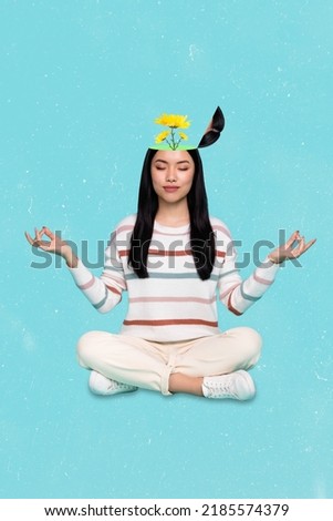 Photo cartoon comics sketch picture of thoughtful lady flower growing brains practicing yoga isolated blue drawing background