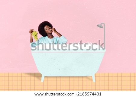 Composite collage portrait of cheerful positive girl sitting foam bath eat green grape chilling isolated on painted background