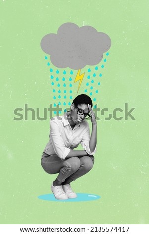 Photo cartoon comics sketch picture of unhappy person sitting under rainy cloud isolated green drawing background