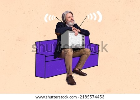 Photo cartoon comics sketch picture of thoughtful age guy listening latest news retro tv-set isolated beige drawing background