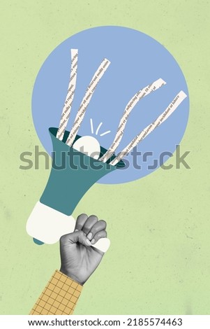 Creative retro magazine image of arm palm holding loudspeaker newspaper news isolated drawing background