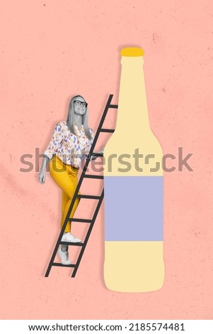 Vertical creative collage portrait of mini positive girl black white colors climbing ladder huge drawing bottle