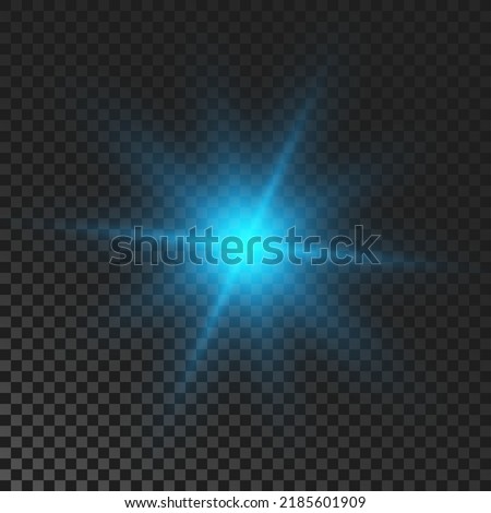 Sparkling star. Blue glowing flickering and flashing light on dark transparent background. Vector explosion with rays and flare effect