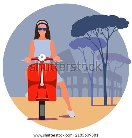 Round vector illustration of Rome with the Colosseum, pine trees and a girl on a scooter
