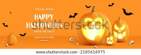 Happy Halloween sale banner. Orange festive banner with 3d spooky glowing pumpkins, candy eyes, paper bats and spider on web. Vector illustration. Happy Halloween holiday banner.