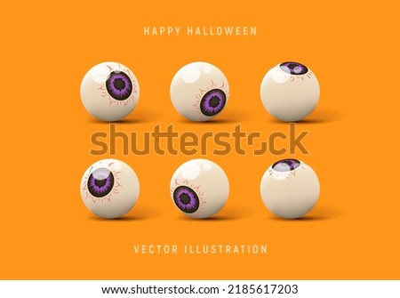 Set of 3d candy eyes for Halloween decoration. Vector 3d illustration with creepy eyes isolated on orange background.
