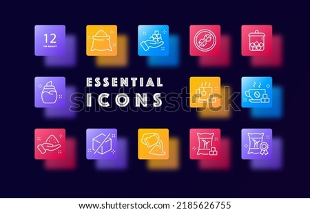 Sugar set icon. Bag, hand, cubes, without sugar, no adding, crossed out, bowl, tea, coffee, cane, dessert, sweet, pour. Eating concept. Glassmorphism. Vector line icon for Business and Advertising.