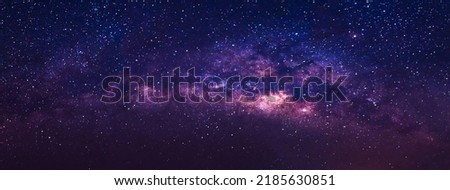 Panorama view universe space shot of milky way galaxy with stars on a night sky background.