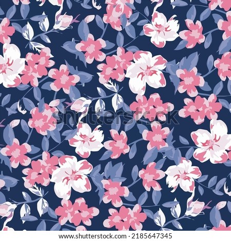 Blooming midsummer meadow pattern. Plant background for fashion, wallpapers, and print. A lot of different flowers on the field. Liberty style millefleurs. Trendy floral design