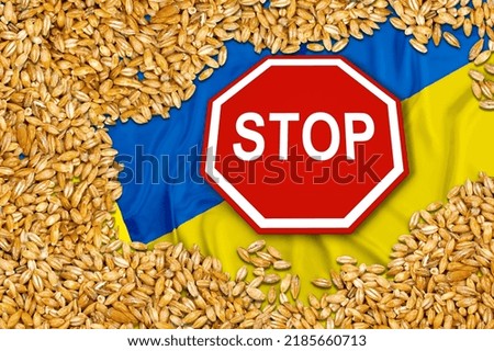 Wheat grains on the yellow and blue flag of Ukraine with a stop sign, Ukrainian crisis, global hunger crisis concept due to war