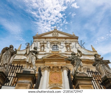 Architectural details of the Church of the Apostles St. Peter and Paul in old town in Krakow. Location: Krakow, Lesser Poland Voivodeship, Poland, Europe Royalty-Free Stock Photo #2185672947