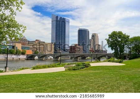 Grand River and downtown Grand Rapids Michigan skyline Royalty-Free Stock Photo #2185685989