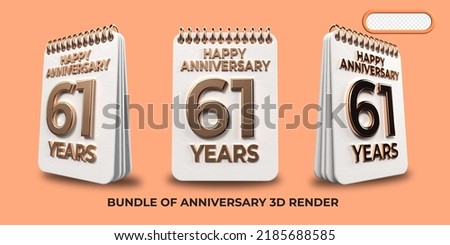 Bundle of 3D render birthday number 61, anniversary gold style age celebrate luxury