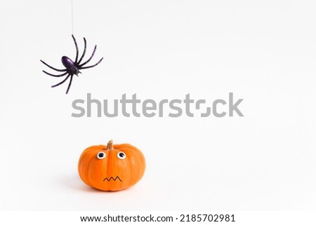 Mini orange pumpkin with googly eyes scared of spider coming from above