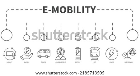 Detailed illustration of e-mobility Vector Illustration concept. Banner with icons and keywords . Detailed illustration of e-mobility symbol vector elements for infographic web