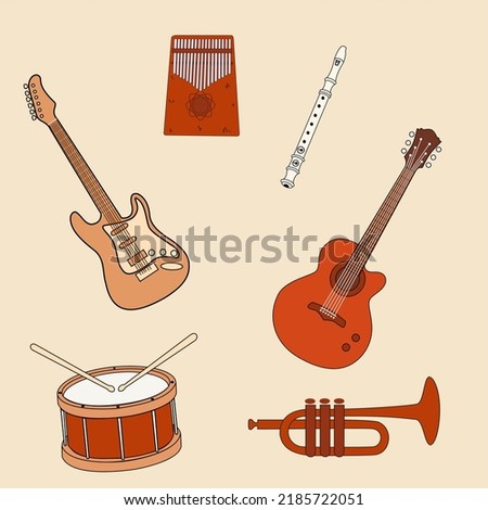 musical instrument set. kalimba, single drum, trumpet, guitar, flute, electric guitar