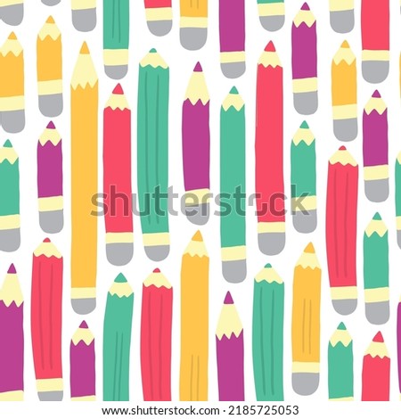 Kids Illustration. Vector Repeating Seamless Patterns of Fun Colorful Hand drawn Colored Pencil Vertical Alignment On white background, Art Supplies for Back to school theme background