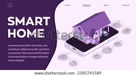 Smart home technology conceptual banner. Building connected with icons of domestic smart devices. Vector isometric illustration concept of System intelligent control house in purple color. IOT