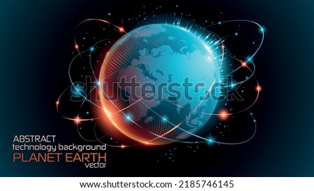 Black blue tech futuristic background. Abstract vector. Sunrise. Satellites and rockets in orbit of planet Earth. Plasma clot of energy. Glowing rays with flickering particles. Science and technology. Royalty-Free Stock Photo #2185746145