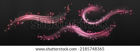 Wind swirls with flower pink petals isolated on transparent background. Vector realistic illustration of spiral air vortex with flying blossom petals, magic dust splash Royalty-Free Stock Photo #2185748365