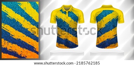 Vector sport pattern design template for Polo T-shirt front and back with short sleeve view mockup. Shades of blue-yellow-orange color gradient abstract grunge with geometric texture background.
