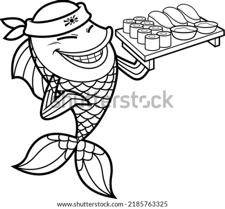 Outlined Fish Sushi Chef Cartoon Character Showing Sushi Set Japanese Seafood. Raster Hand Drawn Illustration Isolated On White Background