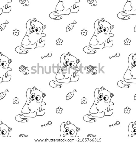 Coloring book. Kittens play. Pattern with cute cartoon cats, funny children's print with pets. Vector illustration
