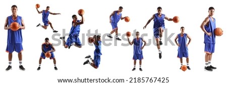 Set of young African-American basketball player on white background Royalty-Free Stock Photo #2185767425