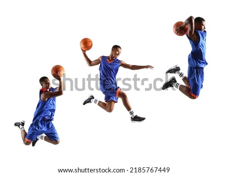 Set of young African-American basketball player on white background