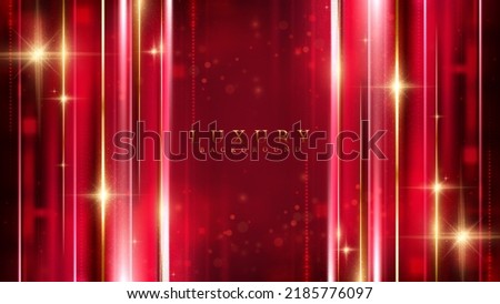Red luxury background with golden line decoration and light rays effects element with bokeh.