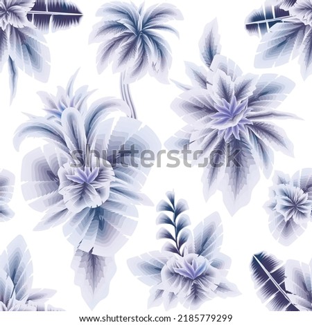 blue vintage botanical seamless pattern with tropical plants leaves and foliage on white background. vector design. natural wallpaper. Floral background. Exotic tropics. Summer design. autumn themed