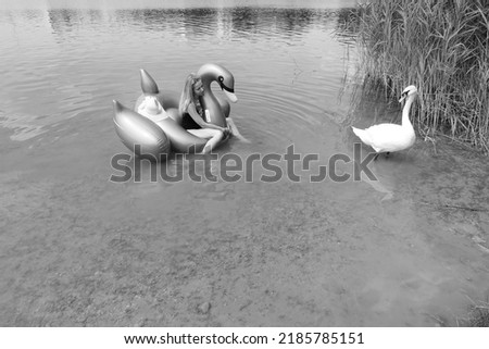 young woman on summer holiday. girl sitting on inflatable shaped as swan in lake or river. lady bathing in nature.  white bird with long neck. animal wallpaper. original idea.