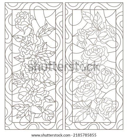 A set of contour illustrations in the style of stained glass with rose and peony flowers, dark contours on a white background