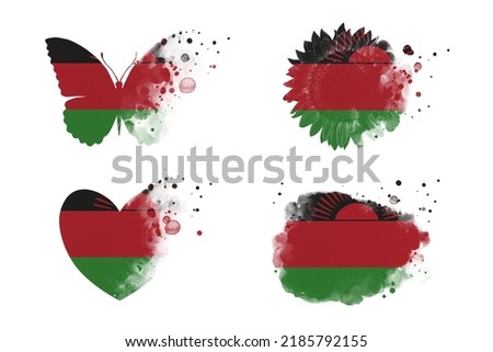 Sublimation backgrounds different forms on white background. Artistic shapes set in colors of national flag. Malawi