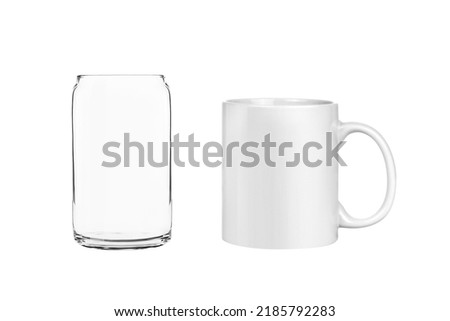 Classic can glass and mug set on white background. Elements for mock ups, scene creator
