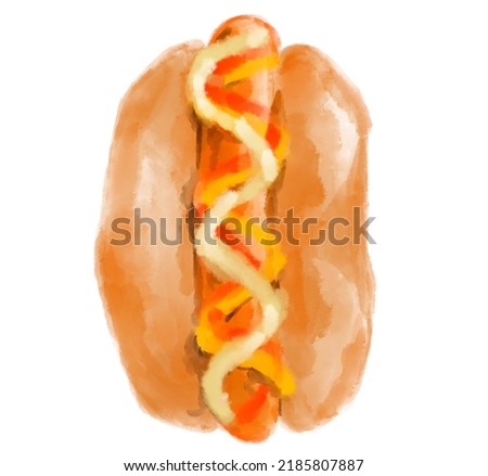 American style hot dog watercolor painiting illustration food art
